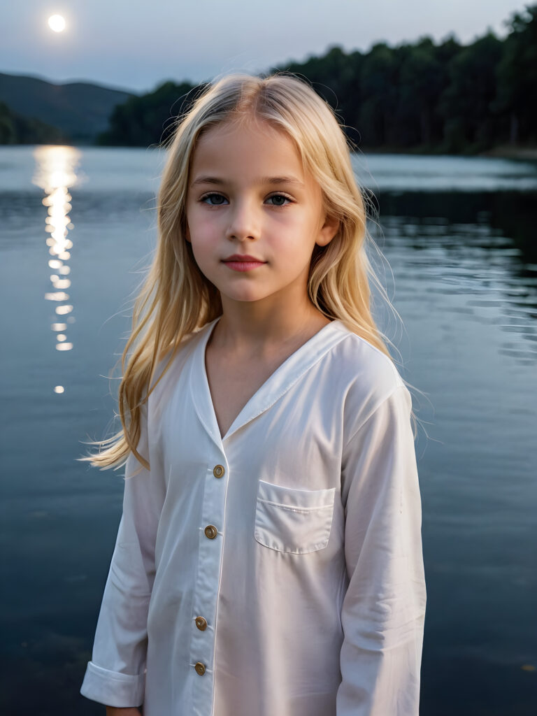 a beautiful picture of a little girl, 9 years old. She has long, shiny blonde hair and wears a white pijama. She stands in front of a lake in the middle of the night. Faint moonlight illuminates the picture. She has flawless skin and full lips and looks dreamily at the viewer. Side view. Upper body portrait.