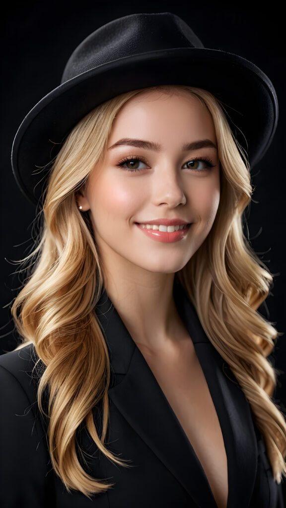 a beautiful picture of a little girl, 21 years old, wearing a black hat. She has long, shiny blonde hair. She is wearing a checked suit and smile very happy. Perfect curved body. She has flawless skin and full lips and looks dreamily at the viewer. Side view. Upper body portrait. ((black background))