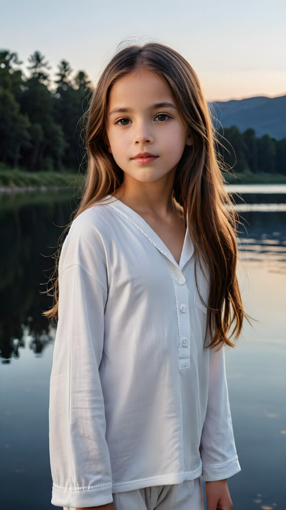 Model: insta realistic, realistic a beautiful picture of a little girl, 9 years old. She has long, straight brown hair and wears a white pijama. She stands in front of a lake in the middle of the night. Faint moonlight illuminates the picture. She has flawless skin and full lips and looks dreamily at the viewer. Side view. Upper body portrait. ((realistic detailed photo)) ((stunning)) ((gorgeous))