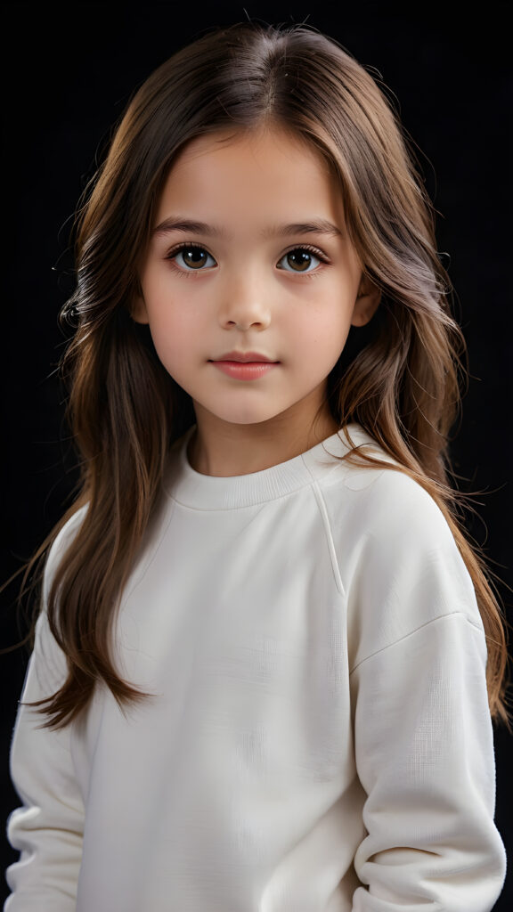 a beautiful picture of a little girl, 9 years old. She has long, straight brown hair and wears a white sweatshirt, amber shiny eyes, ((black background)), faint light illuminates the picture. She has flawless skin and full lips and looks dreamily at the viewer. Side view. Upper body portrait. ((realistic detailed photo)) ((stunning)) ((gorgeous))