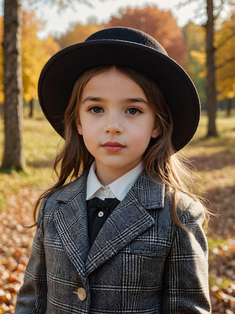 a beautiful picture of a little girl with a black hat. She is wearing an old, checked suit and is standing in front of an autumnal landscape. She has flawless skin and full lips and looks dreamily at the viewer.