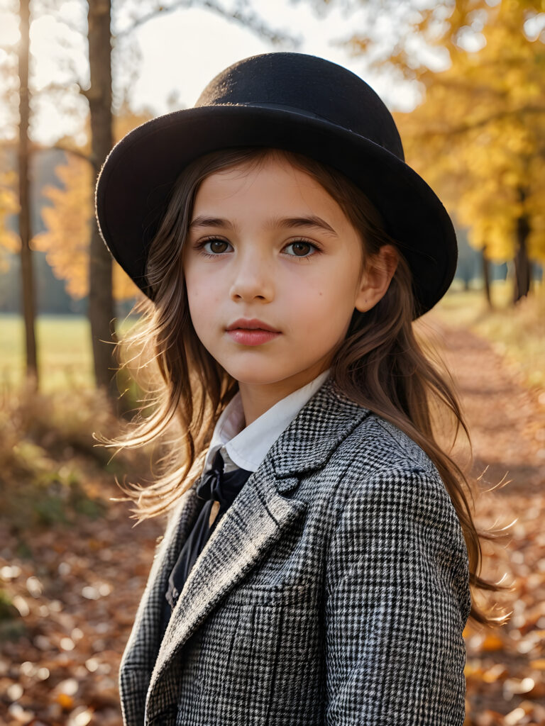 a beautiful picture of a little girl with a black hat. She is wearing an old, checked suit and is standing in front of an autumnal landscape. She has flawless skin and full lips and looks dreamily at the viewer.