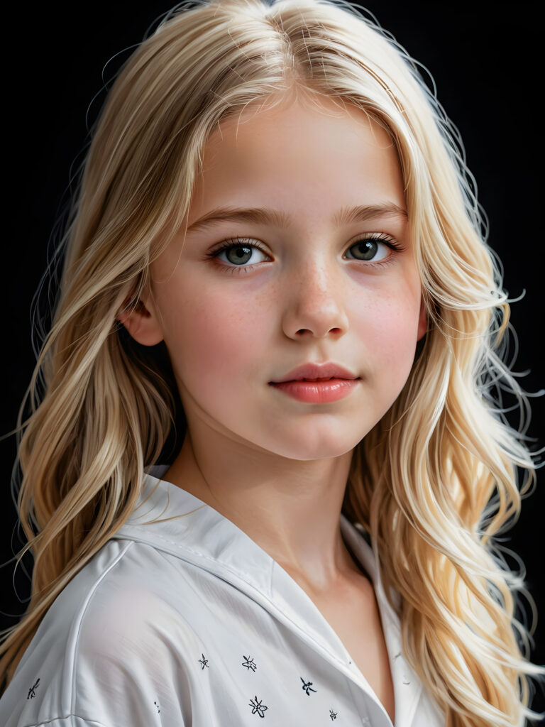 a beautiful picture of a little girl, 11 years old. She has long, shiny blonde hair and wears a white pijama. ((black background)). Faintlight illuminates the picture. She has flawless skin and full lips and looks dreamily at the viewer. Side view. Upper body portrait.