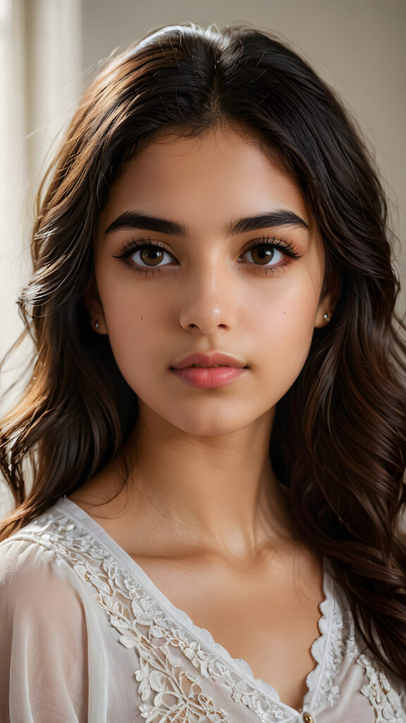 a beautiful portrait of a young, petite and pretty Persian teen girl. She has an angelic face, full lips, (light dark eyes)), ((detailed)) ((stunning)) ((gorgeous)), perfect light, realistic shadows, light empty background