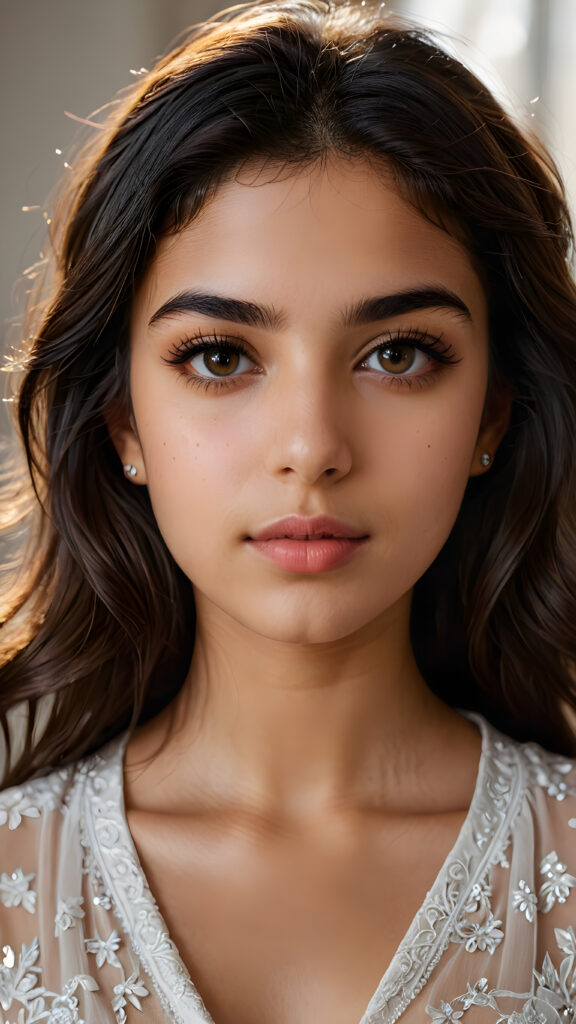 a beautiful portrait of a young, petite and pretty Persian teen girl. She has an angelic face, full lips, (light dark eyes)), ((detailed)) ((stunning)) ((gorgeous)), perfect light, realistic shadows, light empty background