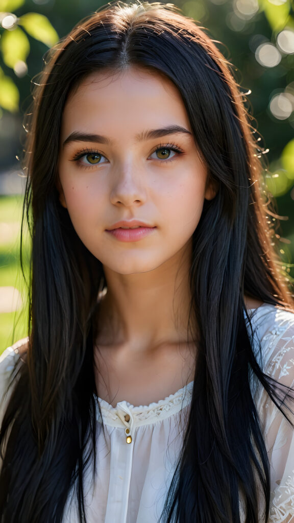 a beautiful portrait of a young and pretty teen girl. She has an angelic face and long, straight black hair, ((detailed)) ((stunning)) ((gorgeous)), perfect light, realistic shadows