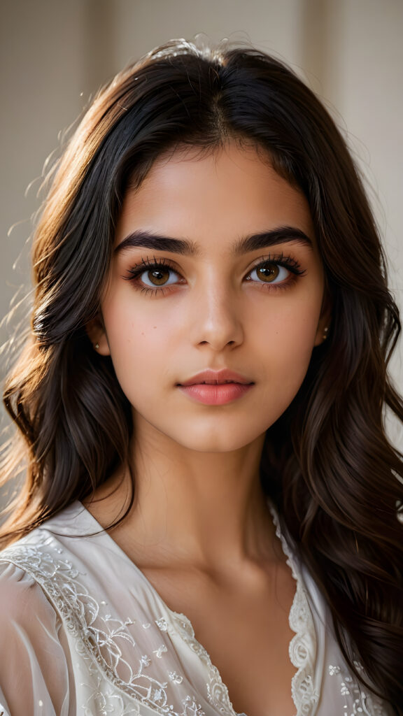 a beautiful portrait of a young, petite and pretty Persian teen girl. She has an angelic face, full lips, (light dark eyes)), ((detailed)) ((stunning)) ((gorgeous)), perfect light, realistic shadows, light empty background