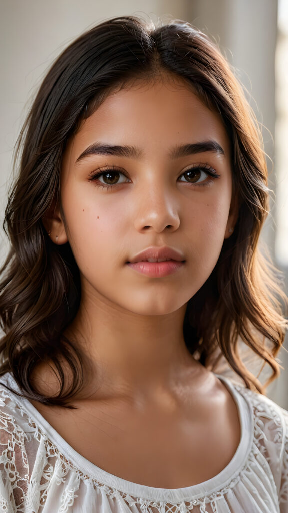 a beautiful portrait of a young and pretty Latino teen girl, 14 years old. She has an angelic face, full lips, (light dark eyes)), ((detailed)) ((stunning)) ((gorgeous)), perfect light, realistic shadows, light empty background