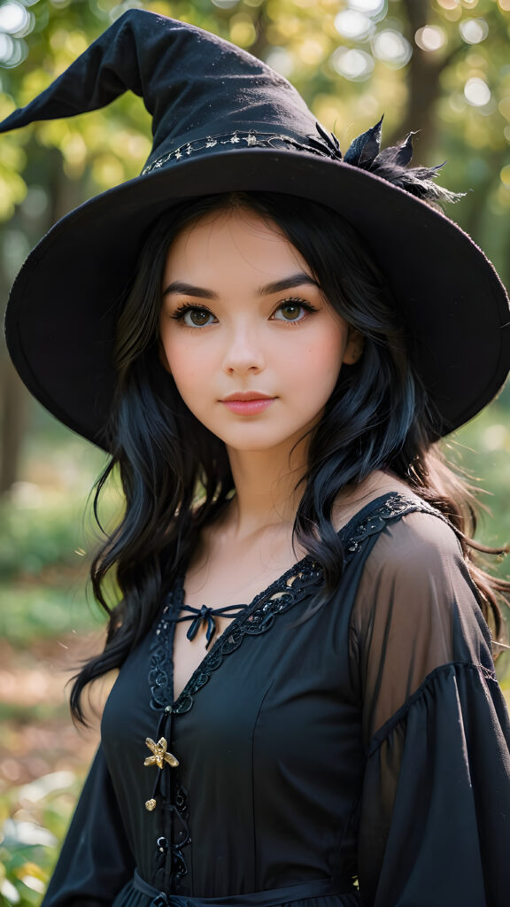 a beautiful, pretty witch with black hair