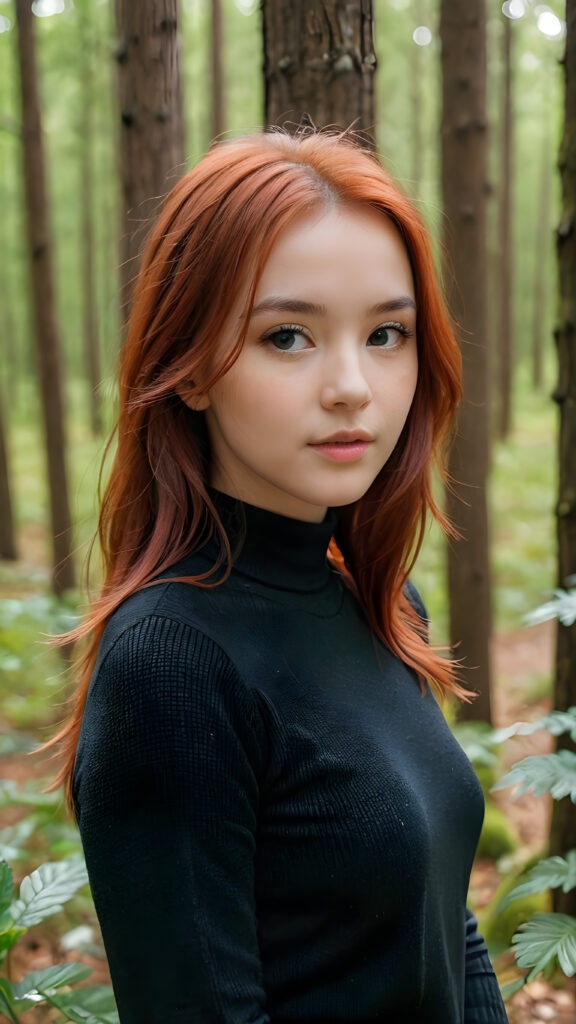 a beautiful, pretty girl with red hair, black dressed in a thin sweater, in a forest