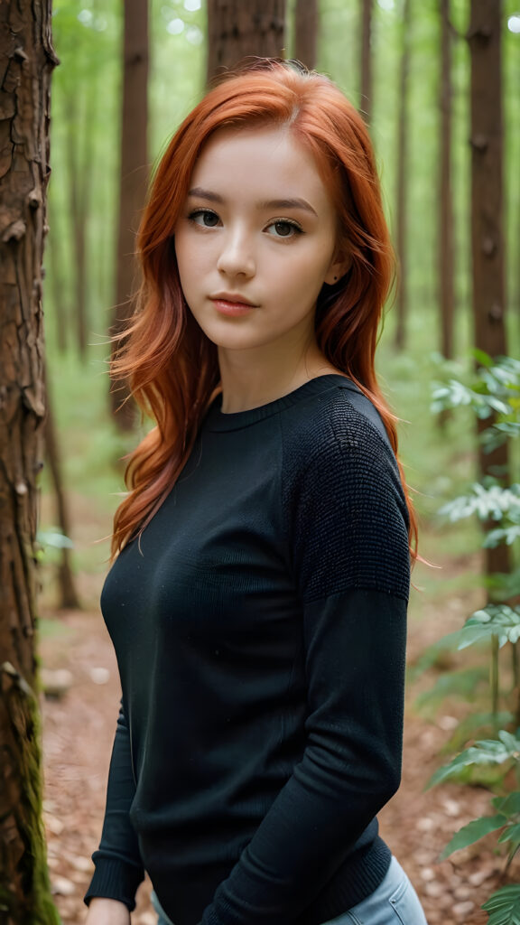 a beautiful, pretty girl with red hair, black dressed in a thin sweater, in a forest