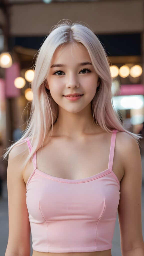 a beautiful realistic photo from a (((pretty young teen girl, 14 years old))), with long, silky, shiny straight long white hair, bangs cut framing her found face, her hair extends beyond her shoulders, she looks cheerfully at the viewer, perfect curved body, (((she is wearing a pink strap crop tube top))) against natural backdrop