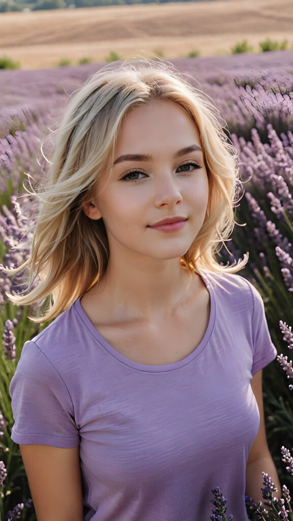 a beautiful soft blonde girl in a field of lavender, eyes closed and a serene smile on her lips, she wears a violet short t-shirt, perfect body, completely at peace with her surroundings