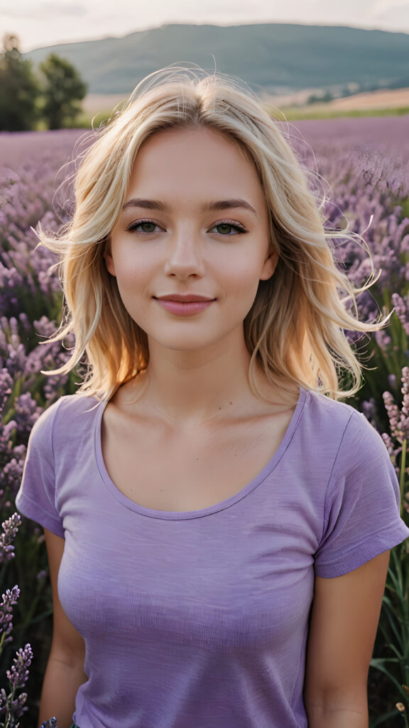 a beautiful soft blonde girl in a field of lavender, eyes closed and a serene smile on her lips, she wears a violet short t-shirt, perfect body, completely at peace with her surroundings