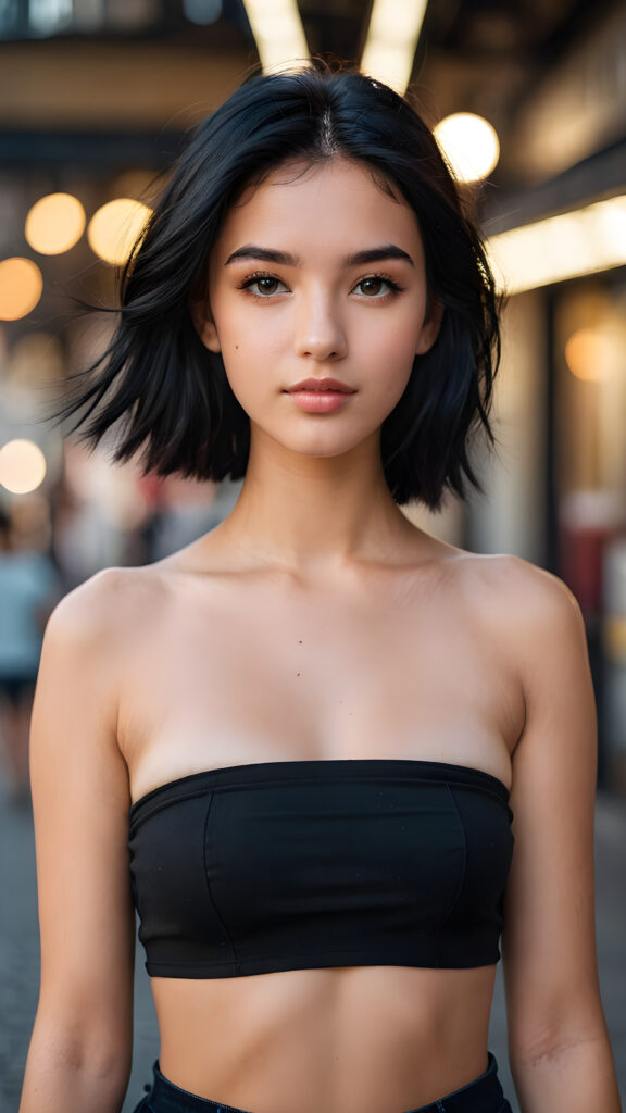 a beautiful teenage model with black hair and a tube top. Professional realistic photo ((stunning)) ((gorgeous))