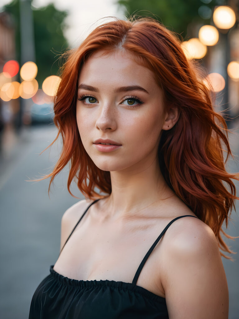 a beautiful teenage model with red hair and a tube top. Professional realistic photo