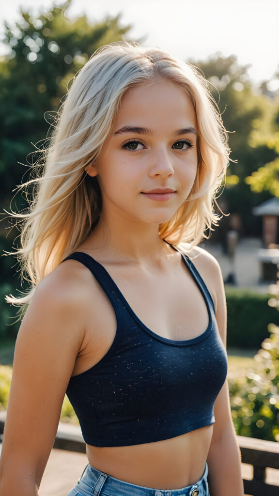 a beautiful teenage girl, 13 years old, long straight soft platinum blond hair, perfect curved body, crop tank top, ((cute)) ((stunning)) ((gorgeous))