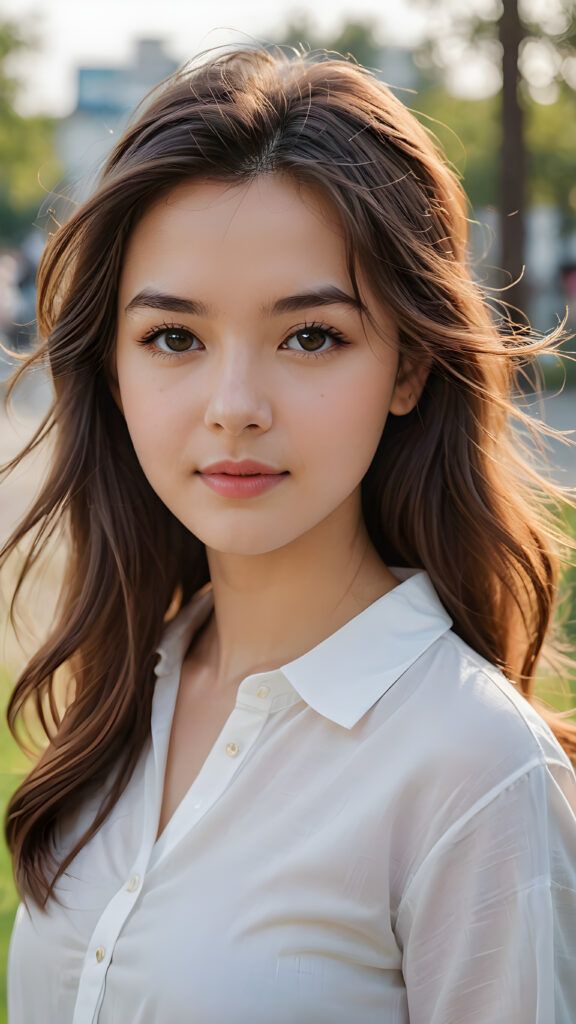 a beautiful teenage girl long radiant soft hair, perfect curved body, ((cute)) ((stunning)) ((gorgeous)) ((cotton white shirt))