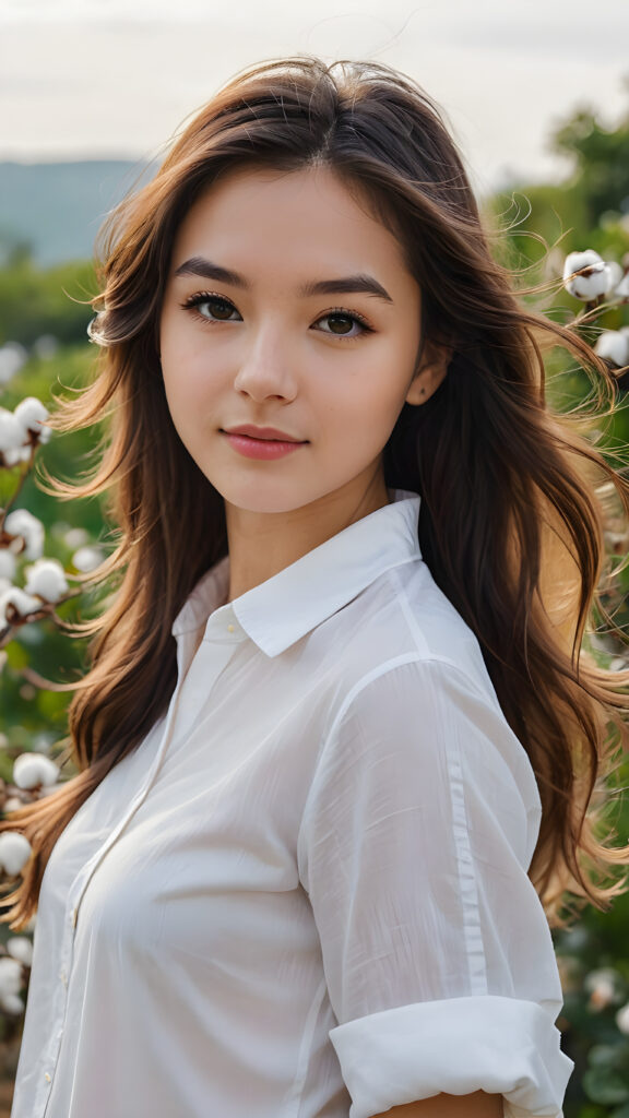 a beautiful teenage girl long radiant soft hair, perfect curved body, ((cute)) ((stunning)) ((gorgeous)) ((cotton white shirt))