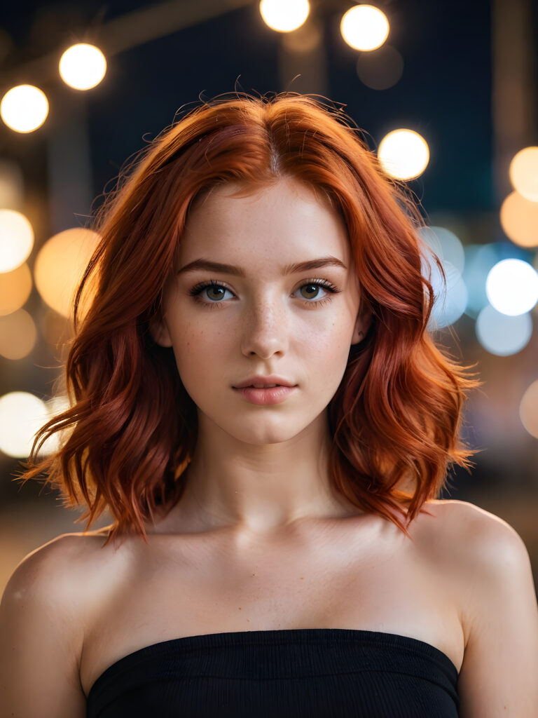 a beautiful teenage model with red hair and a tube top. Professional realistic photo