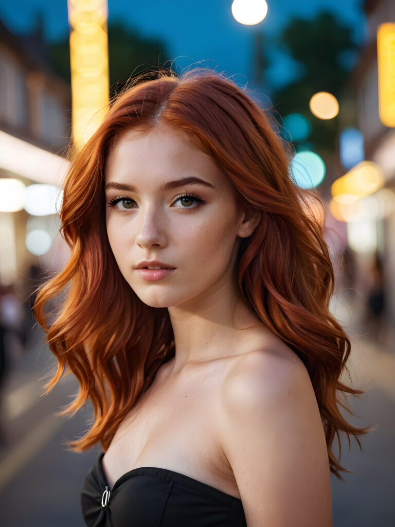 a beautiful teenage model with red hair and a tube top. Professional realistic photo