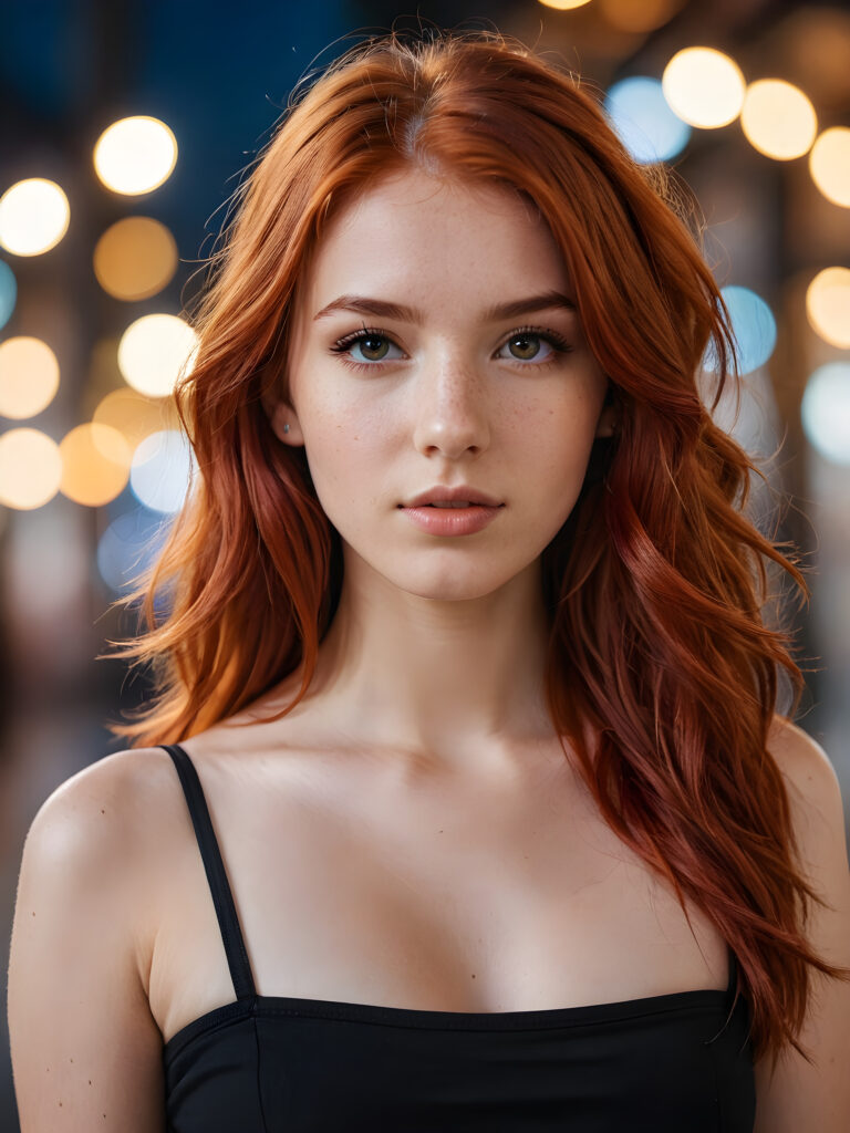 a beautiful teenage model with red hair and a tube top. Professional realistic photo