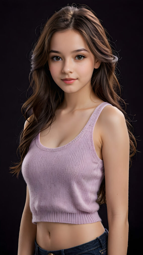 a beautiful, young teen girl, with ((light purpur soft long hair)), ((detailed and realistic hair)), ((wears a short spanned cropped tank top made of fine soft wool)), ((detailed, realistic photo)), ((perfect curved body)), ((gorgeous)), ((stunning)), ((cute)), ((black background))