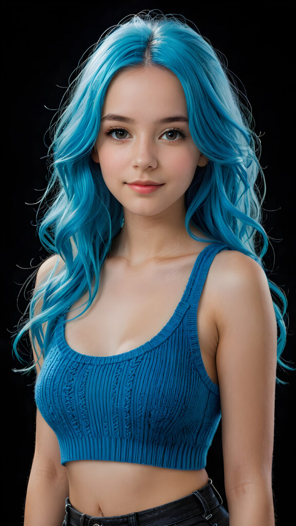 a beautiful, young teen girl, with ((neon blue soft long hair)), ((detailed and realistic hair)), ((wears a short spanned cropped tank top made of fine soft wool)), ((detailed, realistic photo)), ((perfect curved body)), ((gorgeous)), ((stunning)), ((cute)), ((black background))