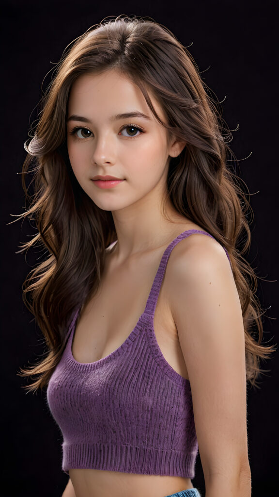 a beautiful, young teen girl, with ((light purpur soft long hair)), ((detailed and realistic hair)), ((wears a short spanned cropped tank top made of fine soft wool)), ((detailed, realistic photo)), ((perfect curved body)), ((gorgeous)), ((stunning)), ((cute)), ((black background))