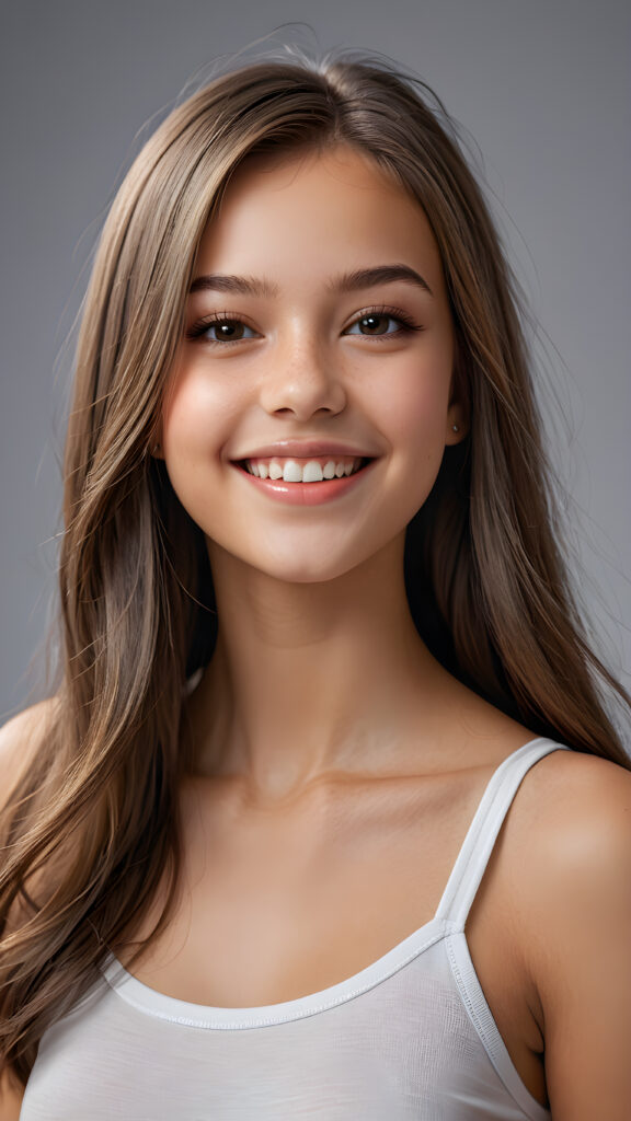 a beautiful, young teen girl, ((detailed and realistic straight hair)), ((detailed, realistic photo)) ((perfect curved body)) ((gorgeous)) ((stunning)) ((cute)), short crop shirt, enjoy her carefree life, she is smiling