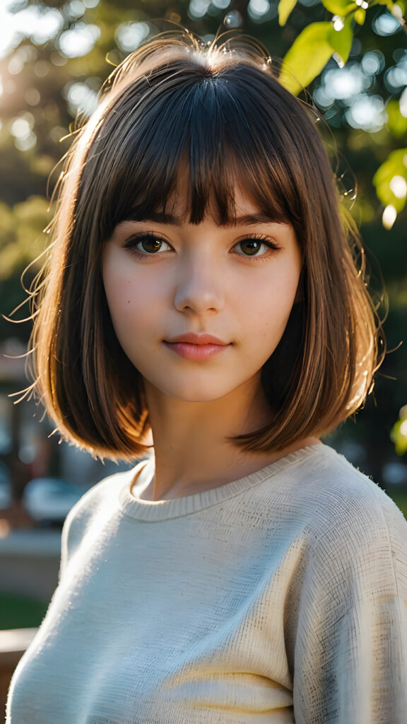 a beautiful, young (((teen girl))) with deep, ((straight, soft, shiny hair, bangs and bob cut)), flawless skin, and dark, reflective eyes and a perfect body. Her face is framed by perfect contrast and shadow, set against a (((natural, gorgeous backdrop))), making her an (((instant classic))), both (((stunning))) and (((cute)))