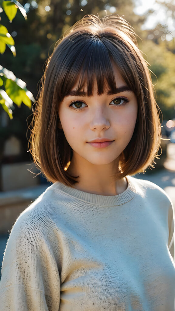 a beautiful, young (((teen girl))) with deep, ((straight, soft, shiny hair, bangs and bob cut)), flawless skin, and dark, reflective eyes and a perfect body. Her face is framed by perfect contrast and shadow, set against a (((natural, gorgeous backdrop))), making her an (((instant classic))), both (((stunning))) and (((cute)))