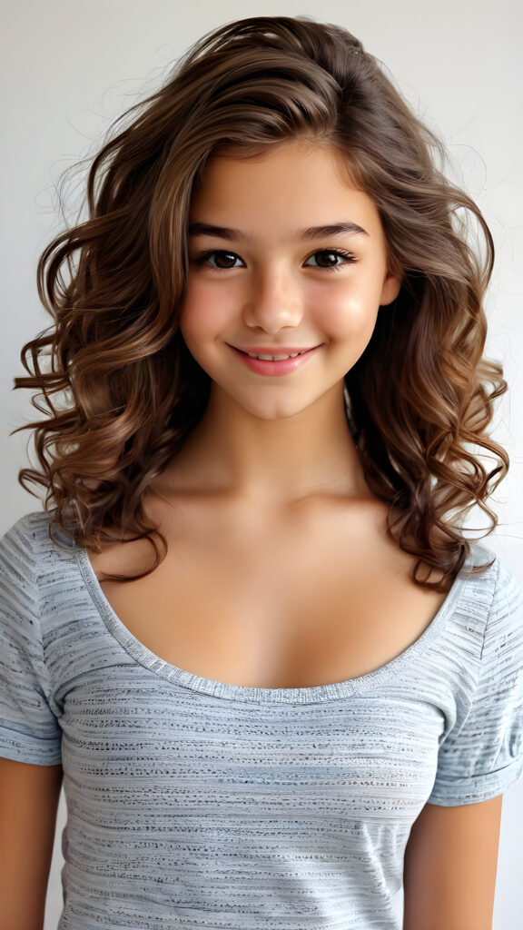 a beautiful, young teen girl, ((detailed and realistic hair)), ((detailed, realistic photo)) ((perfect curved body)) ((gorgeous)) ((stunning)) ((cute)), short crop shirt, enjoy her carefree life, she is smiling