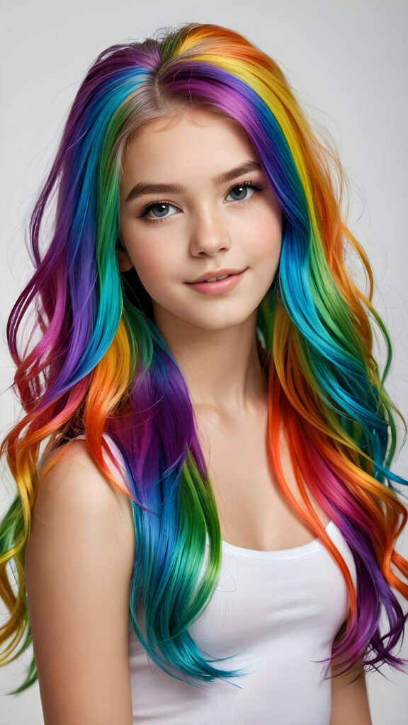 a beautiful, young teen girl, the ((hair in rainbow colors)) ((detailed and realistic hair)), ((detailed, realistic photo)) ((perfect curved body)) ((gorgeous)) ((stunning)) ((cute))