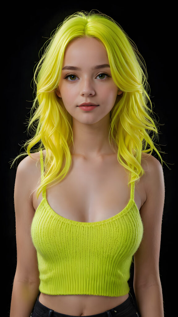 a beautiful, young teen girl, with ((neon yellow soft long hair)), ((detailed and realistic hair)), ((wears a short spanned cropped tank top made of fine soft wool)), ((detailed, realistic photo)), ((perfect curved body)), ((gorgeous)), ((stunning)), ((cute)), ((black background))