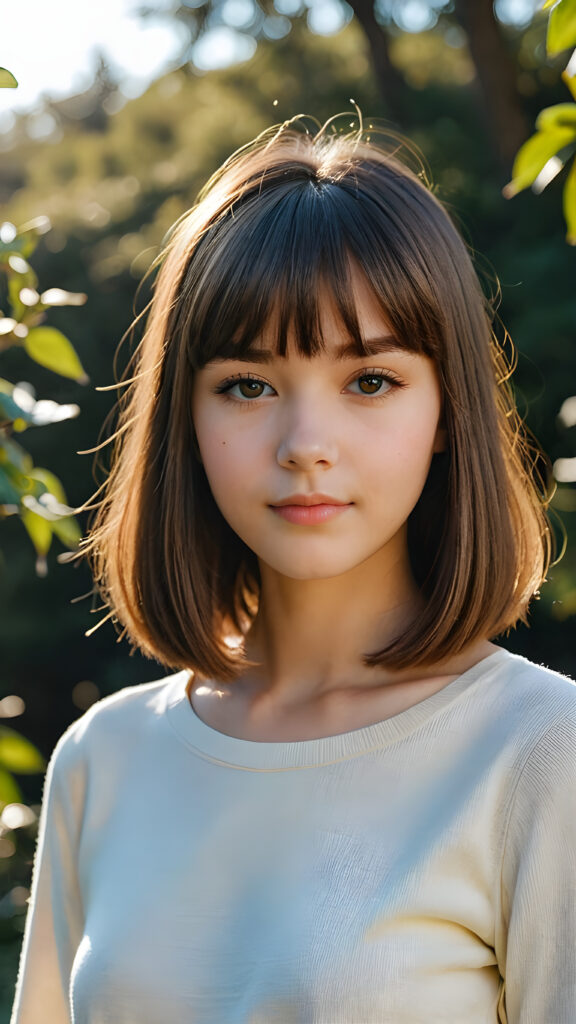 a beautiful, young (((teen girl))) with deep, ((straight, soft, shiny hair, bangs and bob cut)), flawless skin, and dark, reflective eyes and a perfect body. Her face is framed by perfect contrast and shadow, set against a (((natural, gorgeous backdrop))), making her an (((instant classic))), both (((stunning))) and (((cute)))