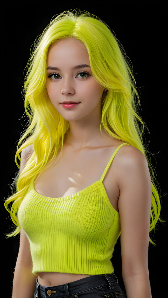 a beautiful, young teen girl, with ((neon yellow soft long hair)), ((detailed and realistic hair)), ((wears a short spanned cropped tank top made of fine soft wool)), ((detailed, realistic photo)), ((perfect curved body)), ((gorgeous)), ((stunning)), ((cute)), ((black background))