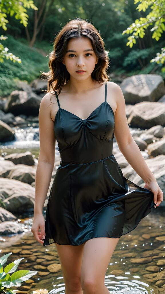 a beautiful, young girl stands up to her stomach in a natural spring and looks embarrassed into the camera. Her black, wavy hair falls over her upper body. She is wearing a thin silk dress