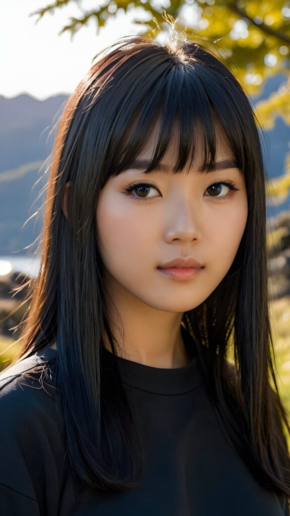 a beautiful, young (((Japanese teen girl))) with deep, ((long, straight, soft, shiny black hair in bangs cut)), flawless skin, and dark, reflective black eyes, she wears a dark long t-shirt, her face is framed by perfect contrast and shadow, set against a (((natural, gorgeous backdrop))), (((instant classic))), (((stunning))) and (((cute)))