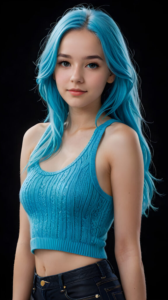 a beautiful, young teen girl, with ((neon blue soft long hair)), ((detailed and realistic hair)), ((wears a short spanned cropped tank top made of fine soft wool)), ((detailed, realistic photo)), ((perfect curved body)), ((gorgeous)), ((stunning)), ((cute)), ((black background))