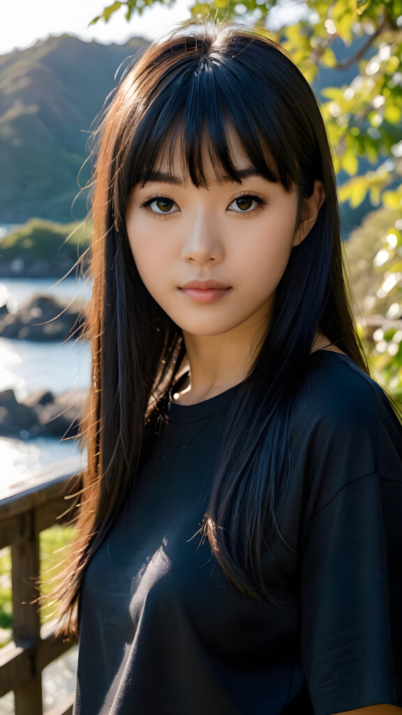 a beautiful, young (((Japanese teen girl))) with deep, ((long, straight, soft, shiny black hair in bangs cut)), flawless skin, and dark, reflective black eyes, she wears a dark long t-shirt, her face is framed by perfect contrast and shadow, set against a (((natural, gorgeous backdrop))), (((instant classic))), (((stunning))) and (((cute)))