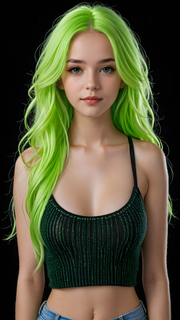 a beautiful, young teen girl, with ((neon light green soft long hair)), ((detailed and realistic hair)), ((wears a short spanned cropped tank top made of fine soft wool)), ((detailed, realistic photo)), ((perfect curved body)), ((gorgeous)), ((stunning)), ((cute)), ((black background))