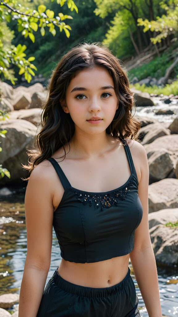 a beautiful, young cute teenage girl stands in a natural spring and looks embarrassed into the camera. Her black, wavy hair falls over her upper body, she is wearing a thin crop top ((full body))