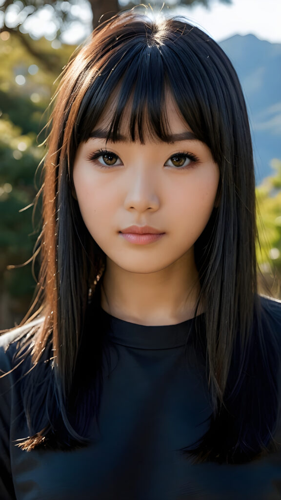 a beautiful, young (((Japanese teen girl))) with deep, ((long, straight, soft, shiny black hair in bangs cut)), flawless skin, and dark, reflective black eyes, she wears a dark long t-shirt, her face is framed by perfect contrast and shadow, set against a (((natural, gorgeous backdrop))), (((instant classic))), (((stunning))) and (((cute)))