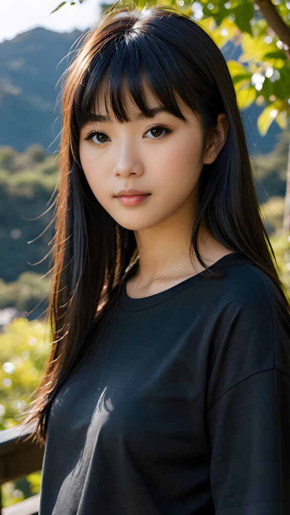 a beautiful, young (((Japanese teen girl))) with deep, ((long, straight, soft, shiny black hair in bangs cut)), flawless skin, and dark, reflective black eyes, she wears a dark long t-shirt, her face is framed by perfect contrast and shadow, set against a (((natural, gorgeous backdrop))), (((instant classic))), (((stunning))) and (((cute)))