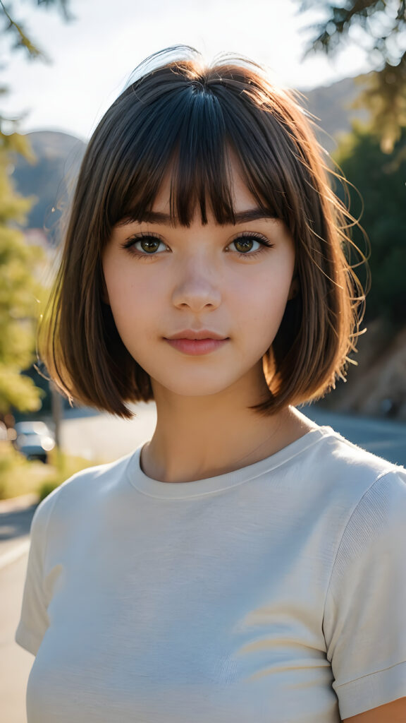 a beautiful, young (((teen girl))) with deep, ((straight, soft, shiny hair, bangs and bob cut)), flawless skin, and dark, reflective eyes and a perfect body. Her face is framed by perfect contrast and shadow, set against a (((natural, gorgeous backdrop))), making her an (((instant classic))), both (((stunning))) and (((cute)))