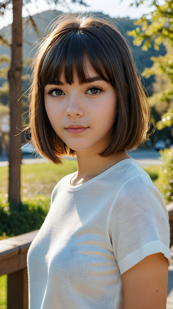 a beautiful, young (((teen girl))) with deep, ((straight, soft, shiny hair, bangs and bob cut)), flawless skin, and dark, reflective eyes and a perfect body. Her face is framed by perfect contrast and shadow, set against a (((natural, gorgeous backdrop))), making her an (((instant classic))), both (((stunning))) and (((cute)))