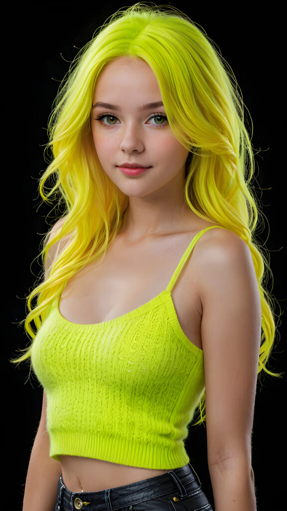 a beautiful, young teen girl, with ((neon yellow soft long hair)), ((detailed and realistic hair)), ((wears a short spanned cropped tank top made of fine soft wool)), ((detailed, realistic photo)), ((perfect curved body)), ((gorgeous)), ((stunning)), ((cute)), ((black background))