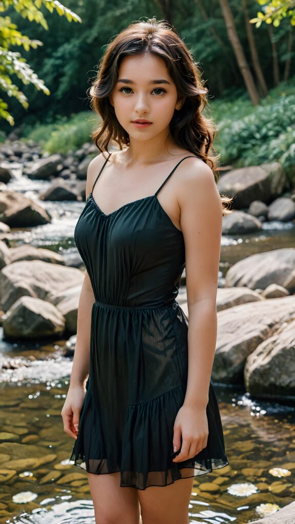 a beautiful, young girl stands up to her stomach in a natural spring and looks embarrassed into the camera. Her black, wavy hair falls over her upper body. She is wearing a thin silk dress