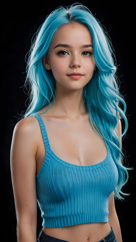 a beautiful, young teen girl, with ((neon blue soft long hair)), ((detailed and realistic hair)), ((wears a short spanned cropped tank top made of fine soft wool)), ((detailed, realistic photo)), ((perfect curved body)), ((gorgeous)), ((stunning)), ((cute)), ((black background))